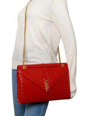 💃 Stunning YSL Red Chevron Grain De Poudre Leather LRG Envelope Chain Bag 💃
